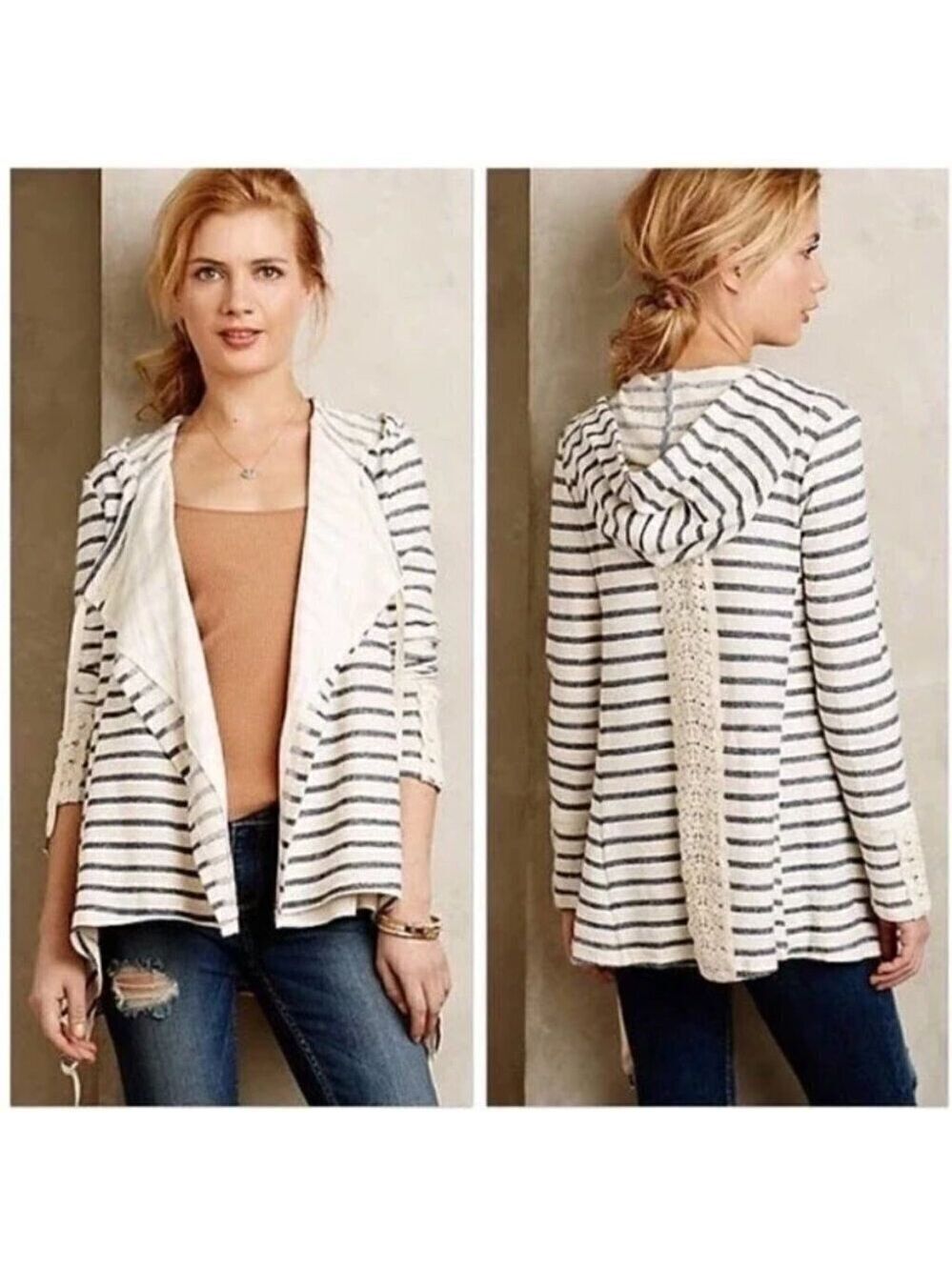 Anthropologie Saturday Sunday Striped Draped Open Front Cardigan Size Medium